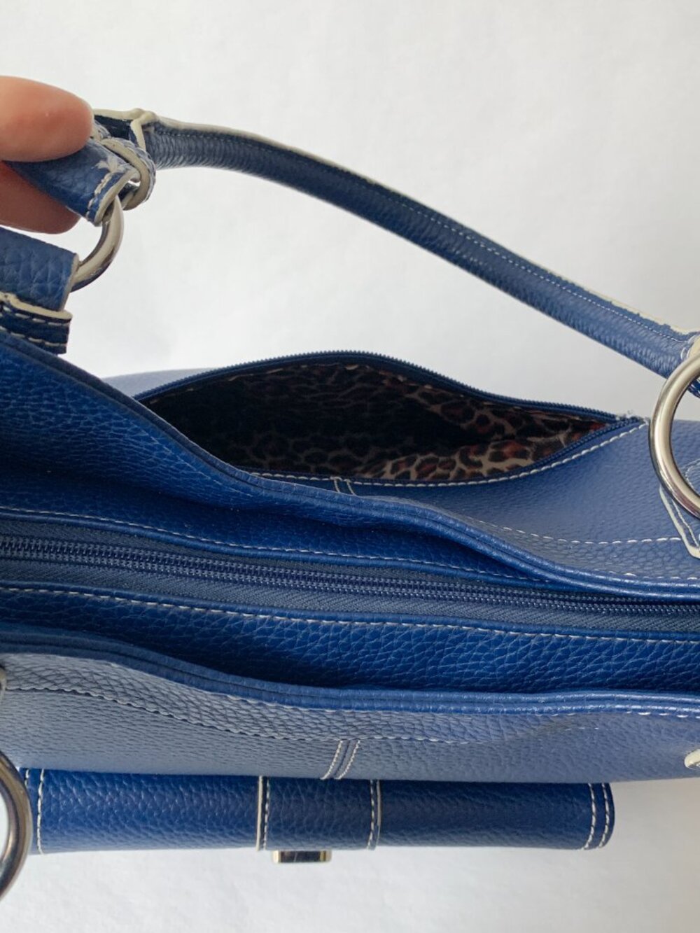 Wilsons Leather Satchel Handbag | Royal Blue | Leopard Print Lining - Picture 8 of 14